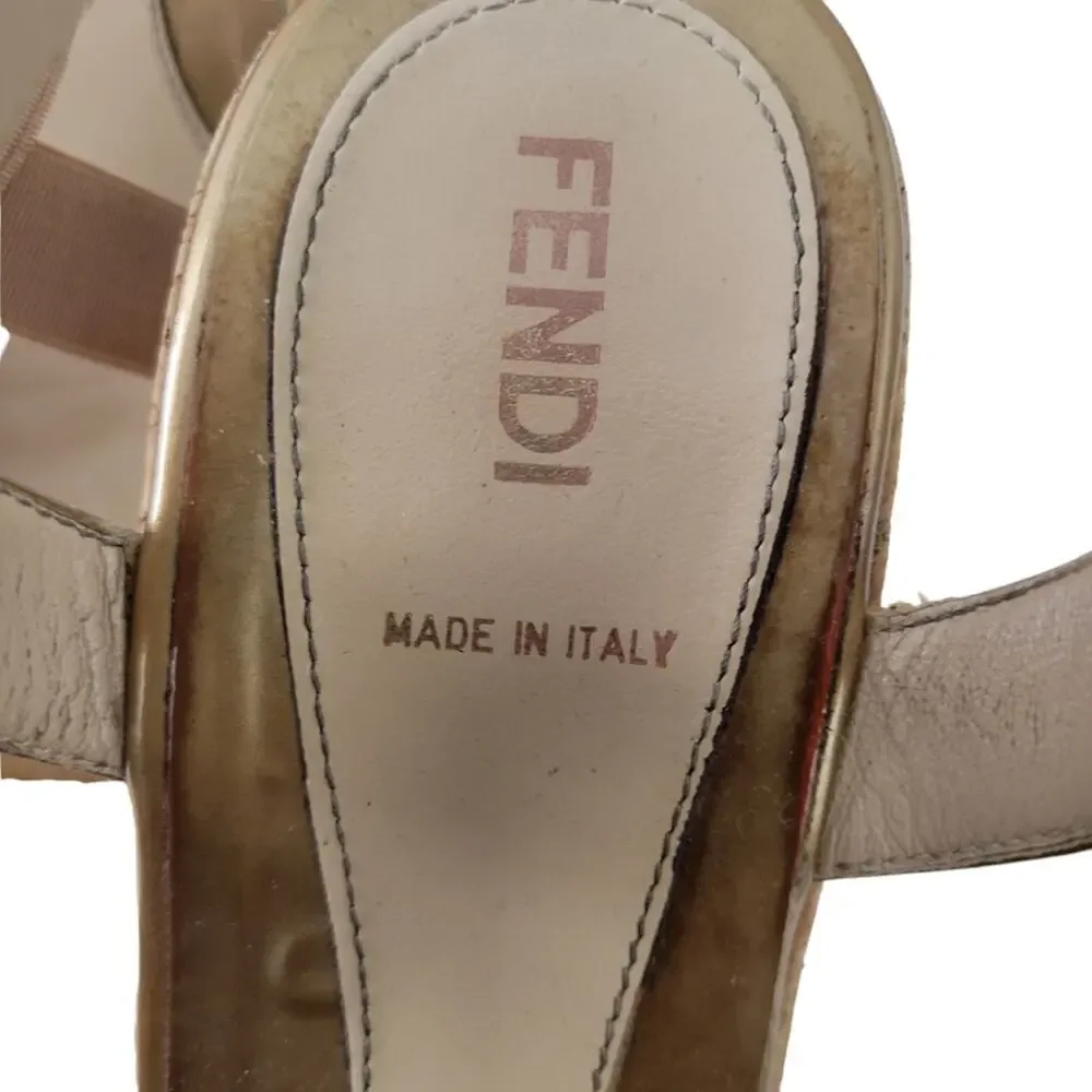 Fendi Neutrals Patent Leather Wedge Platform Sandals IT 38 (8 Women) Gold Tan